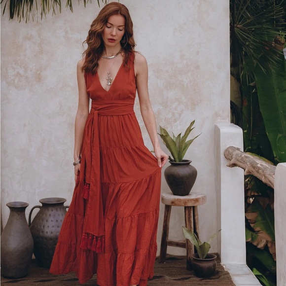 AYA Sacred Wear Boho Belted Maxi Dress Organically Dyed Red - Picture 5 of 5